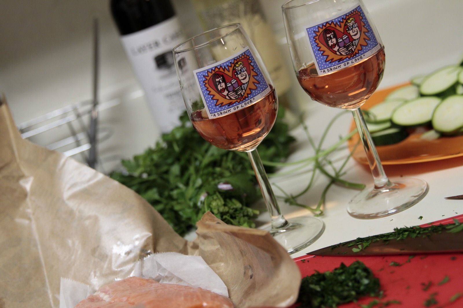 Two rosé glasses at our first cooked-together dinner